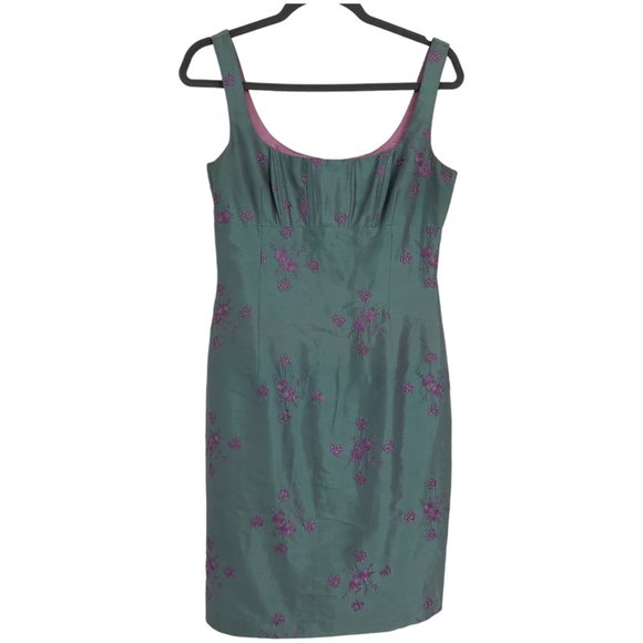 Nanette Lepore Rare Vintage Green Shimmer w/ Pink Floral Embroidery Silk Dress - Picture 2 of 14
